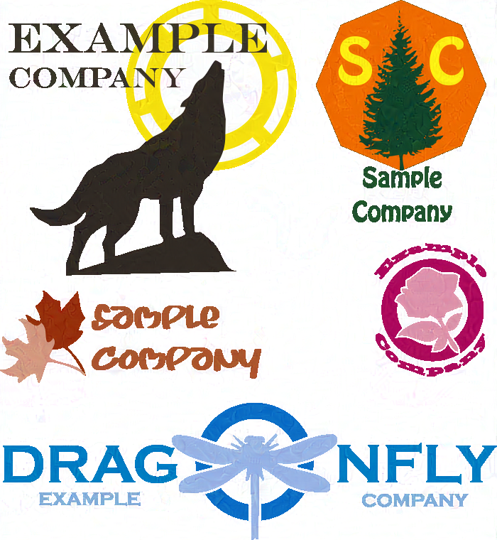 A set of five logos for example companies. In the top right, the black silhouette of a wolf howls with a yellow halo-like element behind its head, as though howling at the moon. The text "EXAMPLE COMPANY" is displayed in black beside the wolf. In the top right, an orange octagon holds yellow letters "SC" and a dark green silhouette of an evergreen tree. The words "Sample Company" are in dark green below it. To the lower left, the words "Sample Company" are rendered in a hand-drawn looking font of brown, while a pair of maple leaves, one dark brown the other tan, fan out to the left. To the lower right, the words "Example Company" in a dark pink heavy serif font curl around a circle of the same colour, with a lighter pink silhouette of a rose in the center. At the bottom, in royal blue, the word "Dragonfly" is rendered in an all-caps font. The O is enlarged, and a light blue silhouette of a dragonfly crosses it. Below to either side, the words "Example Company" appear in the same lighter blue as the dragonfly.