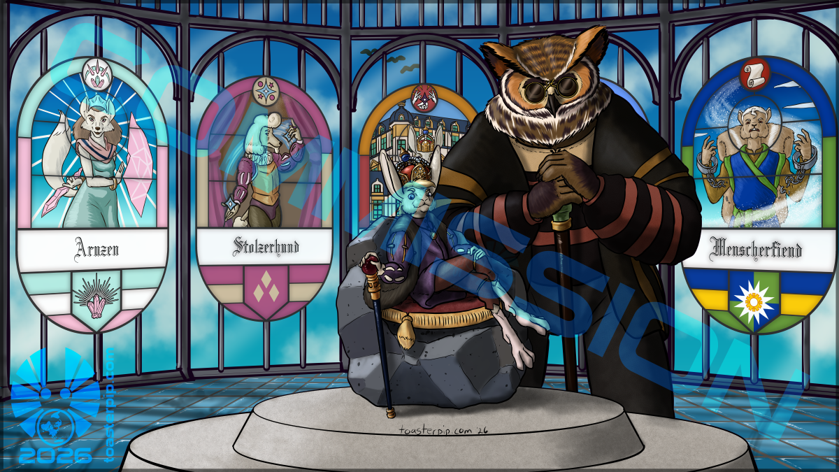 A wallpaper-sized image depicting a jerboa man and an owl-bear man in a palatial room with stained glass windows. The jerboa is sat upon a throne made of a single large lump of metal with a cushion placed atop it, and is wearing an elaborate crown and regal clothing in the style of early Rennaissance Germany. The owl-bear is dressed in clothing of the same general style, though less elaborate, and stands behind the throne, glaring at the viewer from behind dark glasses.</body></html>