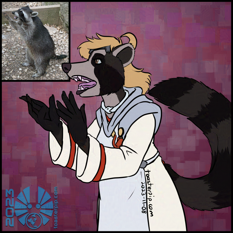 An image of Amelie Laveur, an anthropomorphic raccoon doctor, in a pose inspired by an image of a raccoon holding its hands forward. Amelie is wearing her Argent Order robes and holding her hands forward and outstretched, as if explaining or supplicating. Her mouth is open as though speaking, and her tail curls up behind her. The background is purple and pink with a faint square texture in slightly differing colours.