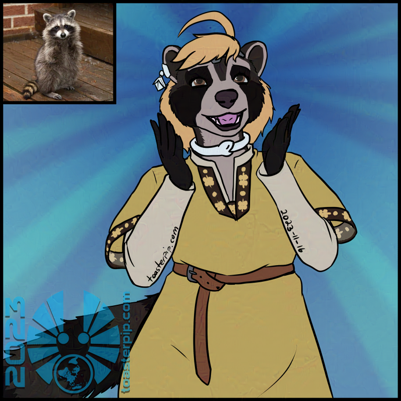 A picture of Amelie Laveur the raccoon doctor. She is depicted in casual clothing, a yellow tunic with brown and gold trim and a pale undershirt. She holds her hands up and smiles, in an expression that suggests pleased surprise. A reference photo of a real-life raccoon is inset to the side, showing the inspiration for the pose.