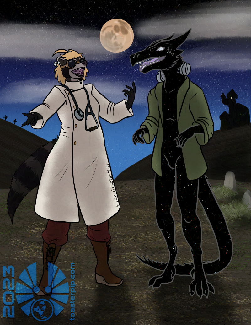 A Hallowe'en picture featuring Amelie Laveur and her partner, Emmitt the void dragon. Amelie is dressed as Doctor Frankenstein, with a white double-breasted knee-length coat and goggles, a stethoscope around her neck. Emmitt is dressed as Frankenstein's monster, with a green coat and large bolts in his neck. Amelie is in a pose suggesting she is cackling, while Emmitt stands in a goofy pose with arms half-raised and a big smile on his face.</body></html>