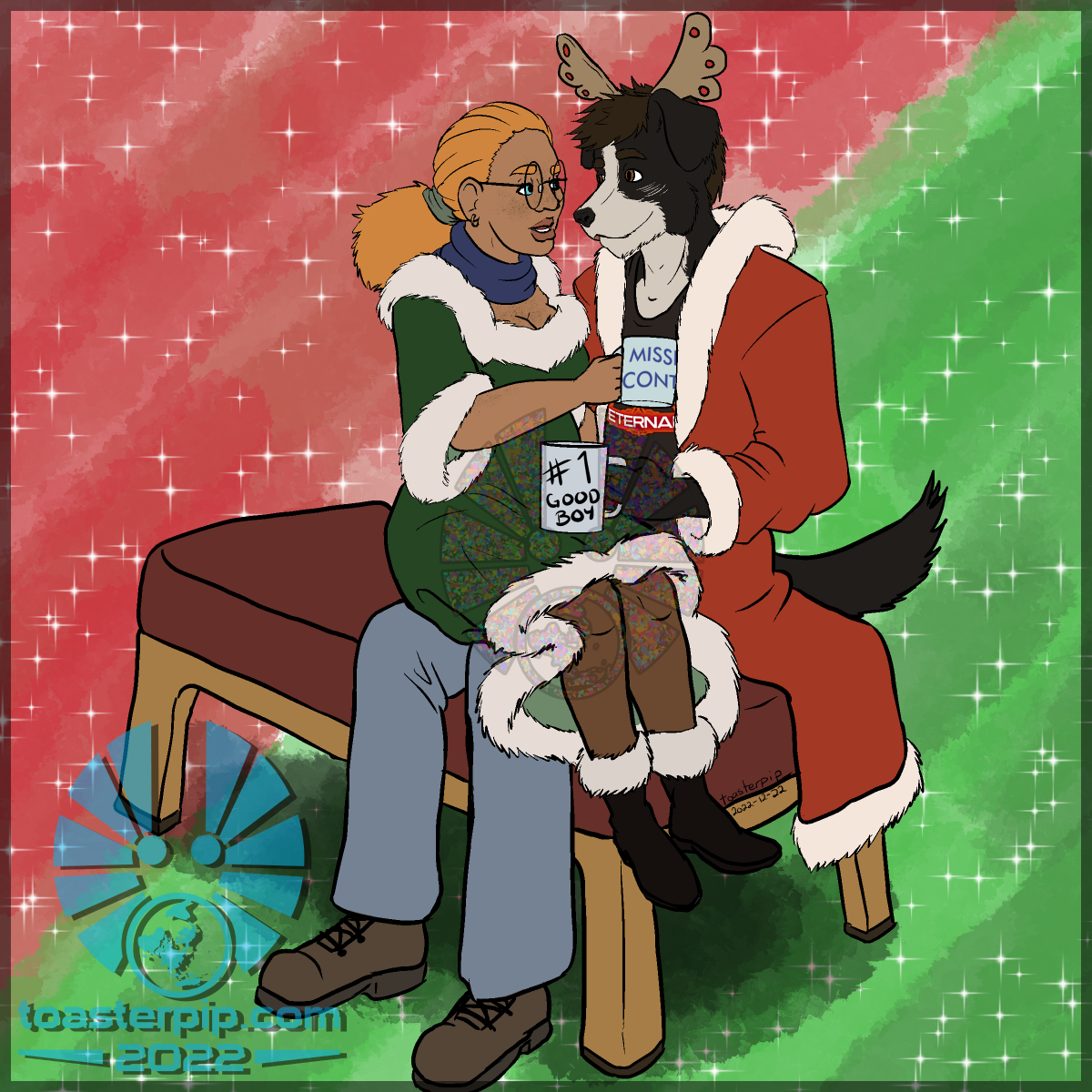 toasterpip A couple sitting on a bench. The man, a border collie anthro, is wearing a red fur-trimmed coat and a felt antler headband, and holds a mug that says "Number One Good Boy". In his lap sits a human woman in a green fur-trimmed holiday dress, holding a mug that reads "Mission Control". They're snuggled up and looking into each other's eyes, enjoying each other's company.