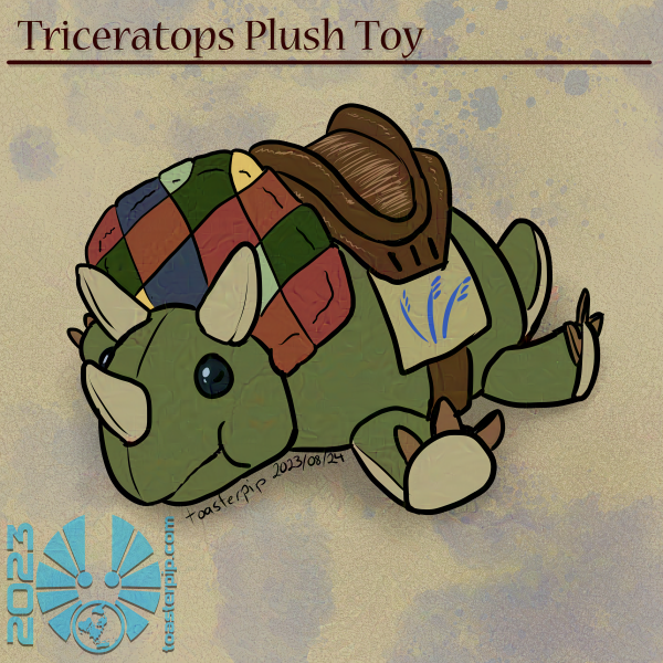 toasterpip A drawing of a stuffed triceratops toy. The body is green, with pale stubby horns and a quilt-like shield frill. A tiny leather saddle is wrapped around the toy's midsection, with a banner that features three blue reeds painted on it. A title on the image reads "Triceratops Plush Toy".