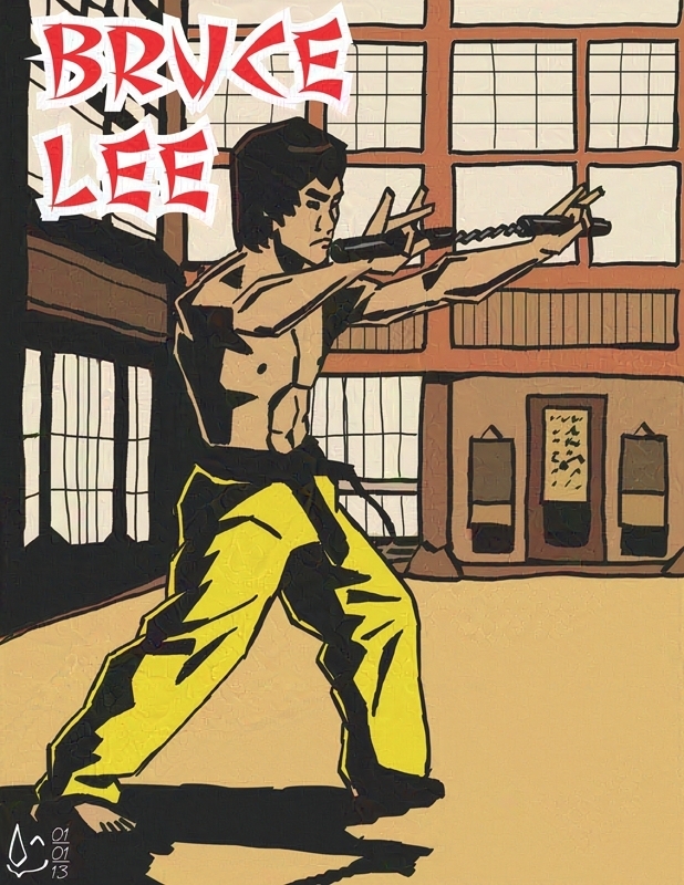 An image of Bruce Lee, rendered in a black-heavy comic style. He stands with his feet apart and hands outstretched in front of him, holding a pair of nunchuks at the ready. He wears only yellow pants with a black belt. The background depicts a training dojo with paper windows. The words "BRUCE LEE" are present in the top left corner. bruce_lee