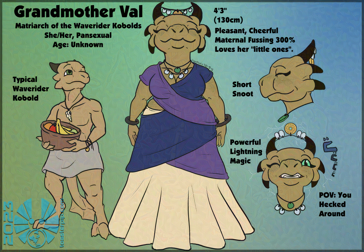 toasterpip A character sheet of a dragonborn woman named "Grandmother Val", the Matriarch of the Waverider Kobolds. She is 4 foot 3 inches with a matronly, curvy figure. Her typical expression is a pleased, closed-eyes smile. Beside her in the main image stands a typical Waverider Kobold, who is only shoulder-height to her. She is described as being pleasant and a master of maternal fussing, with powerful lightning magic for those who test her.