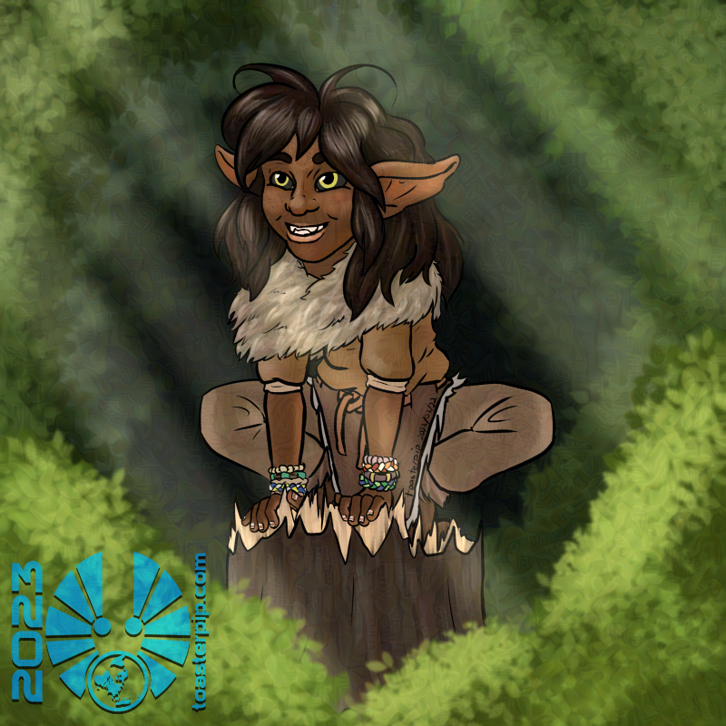 toasterpip A changeling druid named Kopio. They have dark skin and hair, golden eyes with black sclera, and somewhat animalistic teeth. They are perched on a tree stump in a forest background, smiling up at someone behind the viewpoint. They wear hide clothes and have many colourful bracelets.