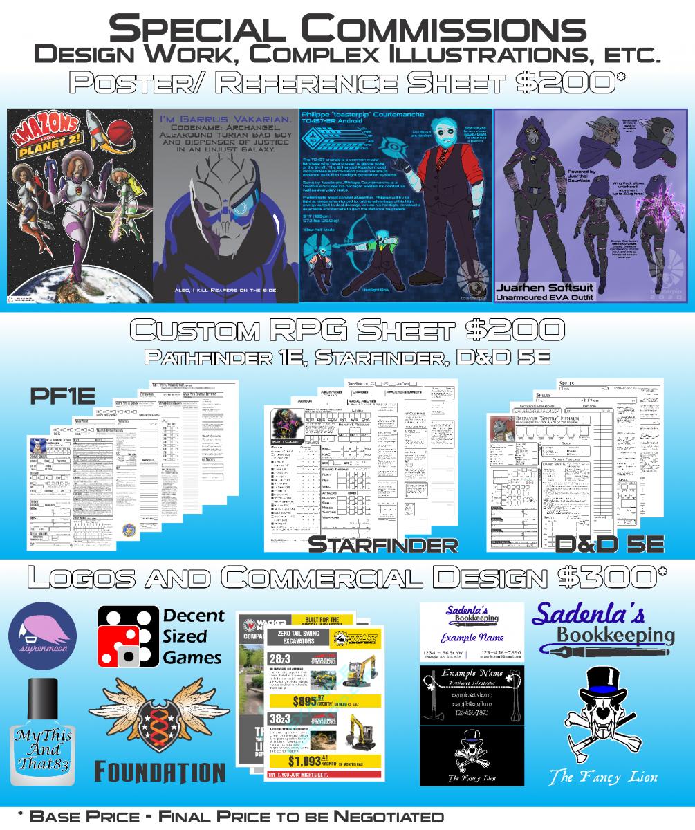 toasterpip commission pricing 2021 posters reference sheets custom RPG character sheets pathfinder starfinder d&d logo and commercial design