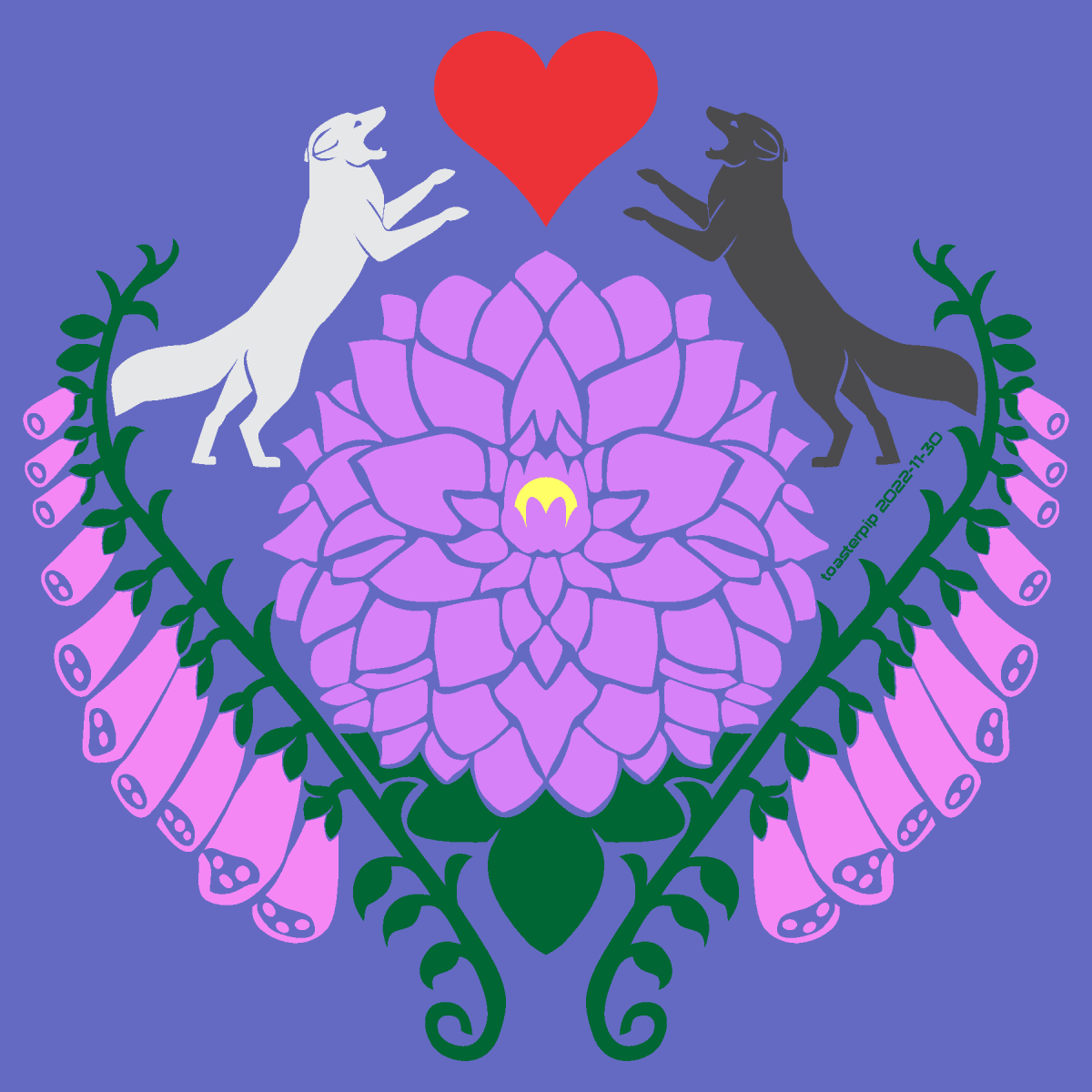 toasterpip design furry emblem crest fox foxglove laurels dahlia flowers floral