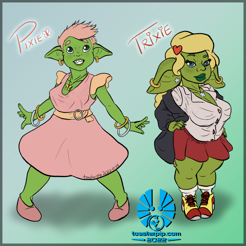 A digital illustration of two goblin girls, Pixie and Trixie.  Pixie is slightly taller, with blue-green eyes, pink pixie-cut hair, and a knee-length pink dress with yellow accents. She has gold and silver bangles on each wrist, and a butterfly pendant around her neck. Trixie is slightly shorter and much curvier, with long, volumous blonde hair and blue eyes. She is wearing a loose blouse open to show cleavage, a short red skirt, and a dark jacket hung loose off her shoulders.</body></html>