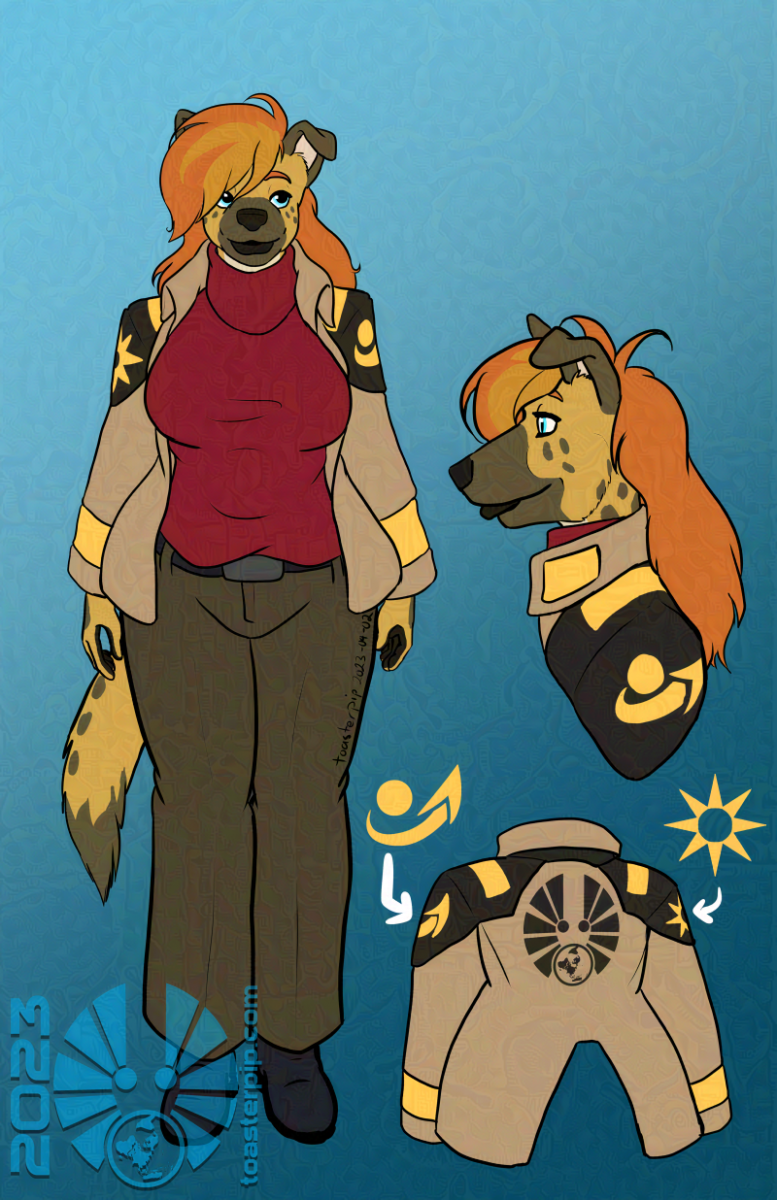 toasterpip A broad-set canine woman, sporting features of a hyena dalmatian cross. Amy 392 has bright orange hair with gold bangs and luminous blue eyes. She wears a maroon turtleneck sweater under a uniform coat with the Amy Complex emblem on the back, as well as patches for the Logistics and Command divisions of the Terran Commonwealth on the shoulders.