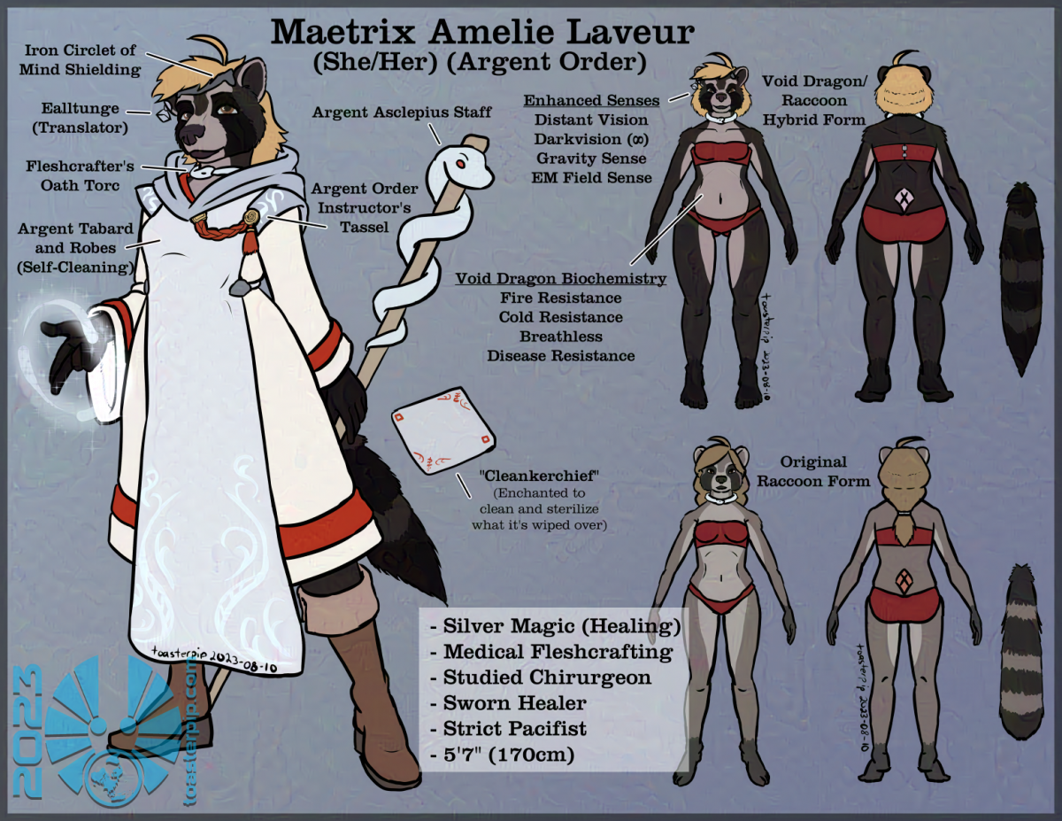 toasterpip A reference sheet of Amelie Laveur in her dragon raccoon hybrid form. A large main view depicts her standing casually, holding her Asclepius staff behind her and casting silver magic with her right hand. Front and back views of her hybrid and original forms are to the right of the image, showing that her colouration and proportions have changed. Text on the image indicates several of her important items, as well as her new senses and abilities from the void dragon biochemistry.