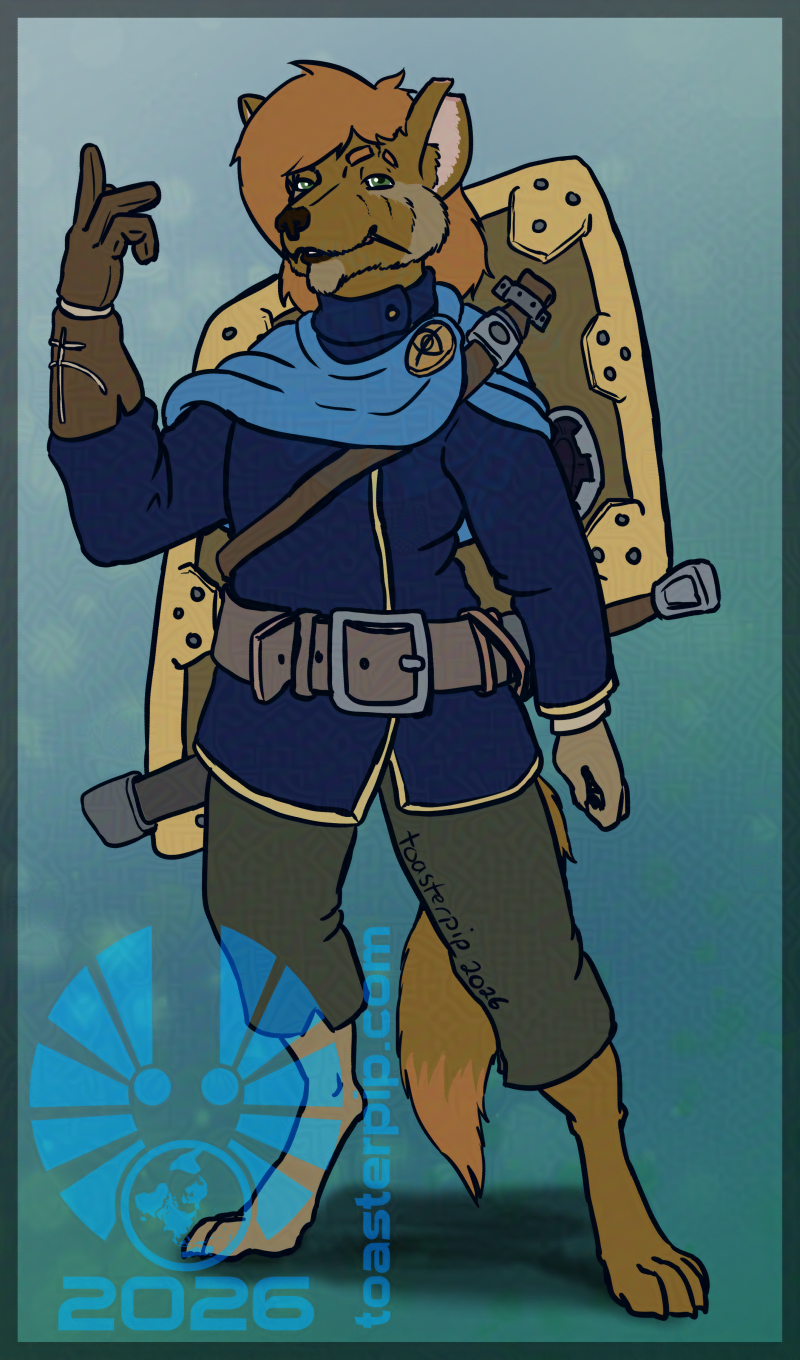 A portrait of Byrch Huntress in his new outfit. He wears a dark blue tunic with a light blue capelet. One hand is clad in a leather glove, and he has his kite shaped shield and falchion strapped across his back. He smirks at the viewer, with a toothpick tucked in the corner of his mouth.