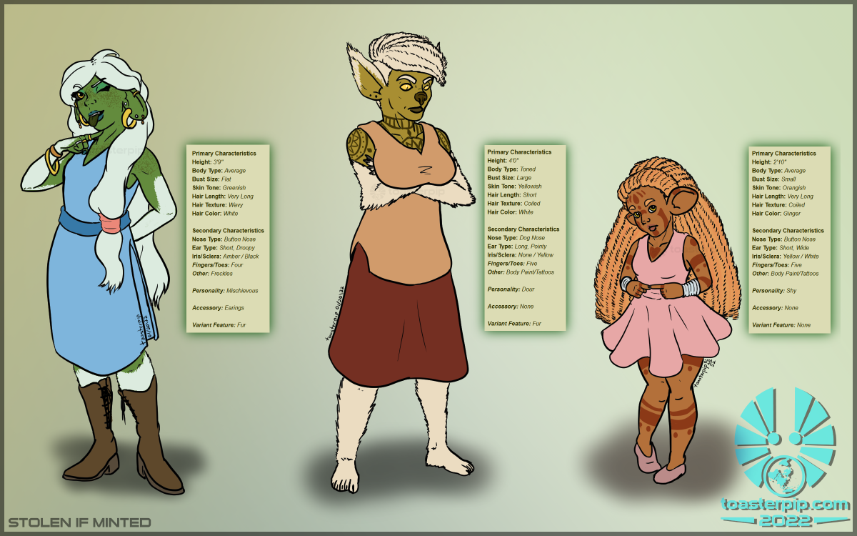 toasterpip character design goblin girls generated green_skin yellow_skin orange_skin