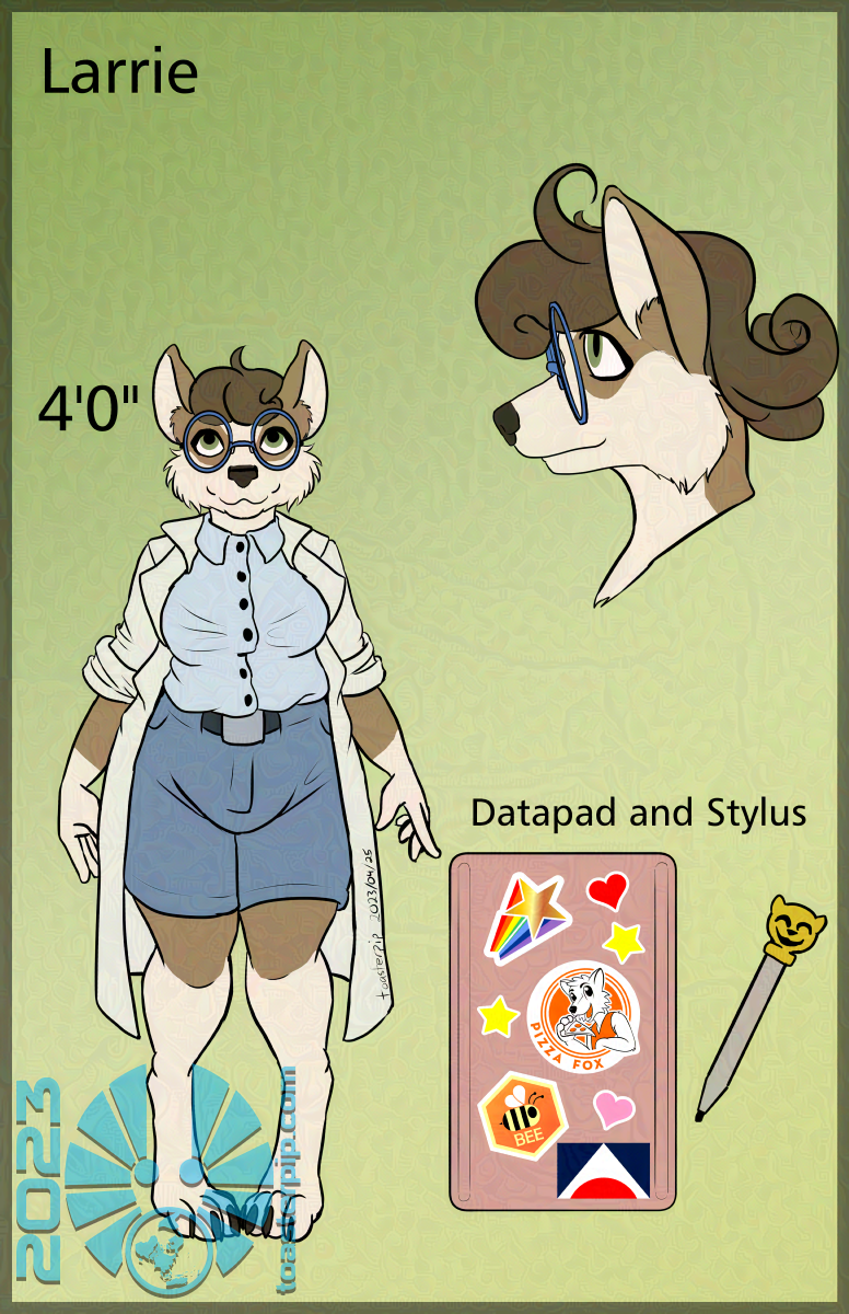 toasterpip A character design for the Hex Farms comic, set in Yamagrad. This picture depicts Larrie, a corgi anthro woman. She stands four feet tall and is quite curvy. Her outfit consists of a lab coat with rolled-up sleeves, a white blouse, and denim shorts that come to mid-thigh. The image also provides a profile view, and an image of a sticker-covered datapad and stylus with a smiley topper.