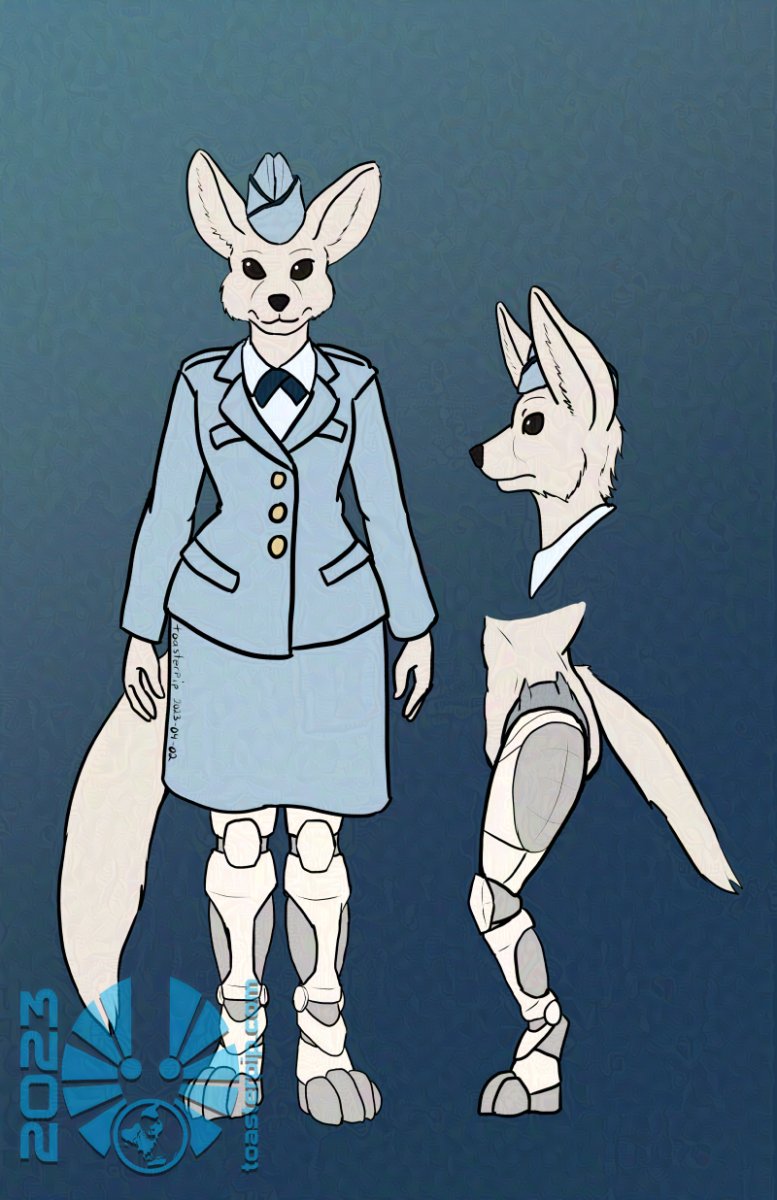 toasterpip A white fennec fox with a feminine build. They wear an ice-blue ladies' military uniform with a flight cap, and have a flight cap. Her legs are prosthetics up to the hip, shown to the side in their full length but hidden by the uniform skirt in the main image.