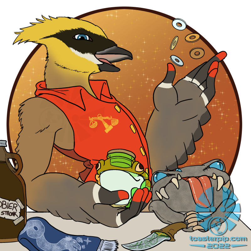 toasterpip A cedar waxwing anthro, Cedric of the Golden Scales. He is wearing a red vest with gold embroidered scales on it. In one hand he holds a glass bottle made to look like a smiling frog, and is tossing a handfull of coins up with the other hand. In front of him is a table with several items for sale, including a scarf, a knife, and a bottle of liquor.</body></html>