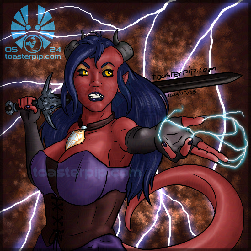 A drawing of a tiefling woman, Fenri Vantas. She has deep red skin and navy blue hair, whiile yellow eyes glare out at someone off-screen. She holds a black-bladed sword in one hand, while the other conjures lightning to throw at the target of her ire. Her outfit is a purple and brown bustier with a dark purple skirt, accentuating her curvy figure.