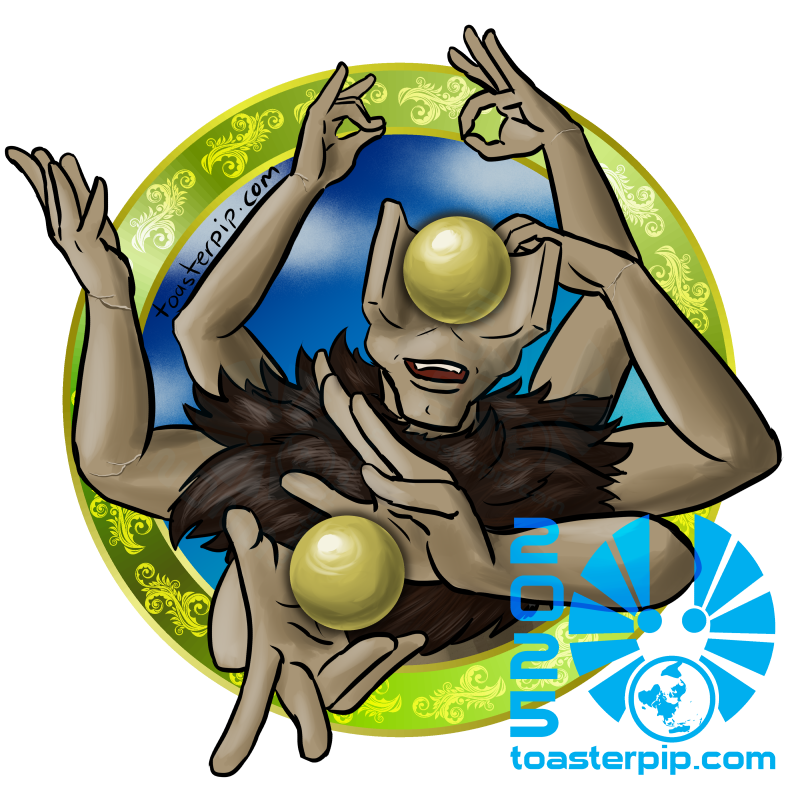 A virtual tabletop token depicting an Archaic Celestial from D&D. Its six arms are splayed out in different poses around the token, foremost hands presenting a golden orb. Its strange head holds a similar golden orb in a recess between two squarish 'prongs' emerging from its eyeless face.