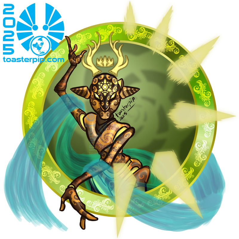A virtual tabletop token depicting an Aurumach Rilmani celestial from D&D. Their robotic form is rendered in rich metallic browns and gold, and is covered in elegant spiral work. The shape of a pair of regal antlers and a crown floats above their head, while a golden flower sits on their brow. Ethereal blue drapery glides over their arms and around their body, off either side of the token. They are making a sweeping gesture, as numerous blades of energy manifest in their hand's wake.