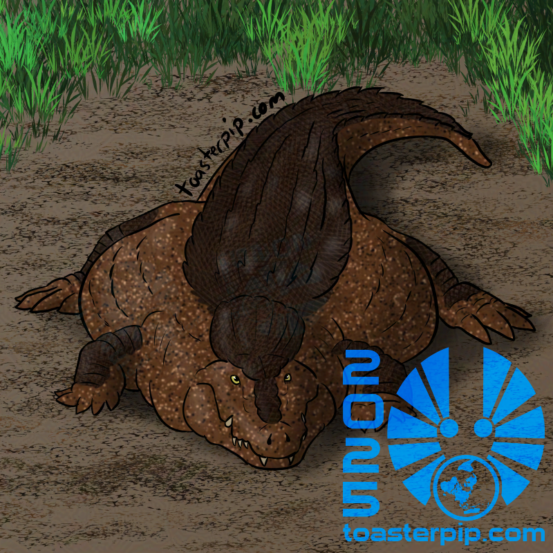 A drawing of a giant crocodile, specifically referencing the "Flat Fuck Friday" image of a very wide and flat croc, though this one is rendered  in shades of brown with yellow eyes.