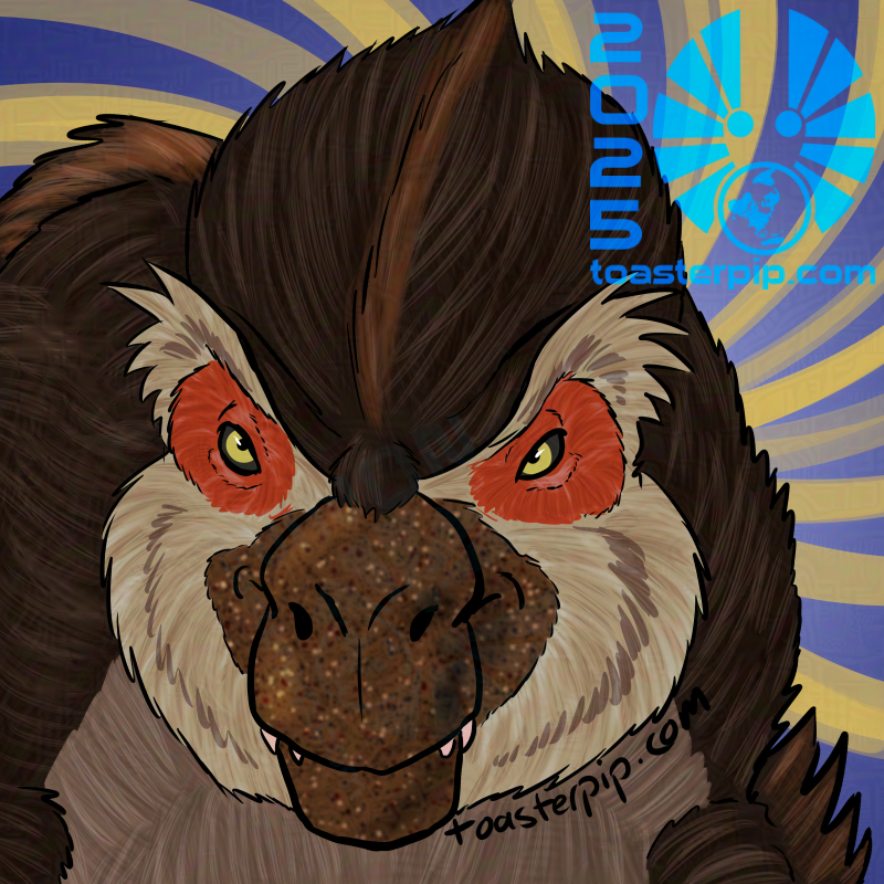 A drawing depicting a feathery T-Rex in closeup, only its head and shoulders area visible. It's primarily dark brown, though its face is covered in pale tan feathers with a ring of vibrant orange around the yellow eyes. Its snout is bare of feathers, giving almost the look of a beak.