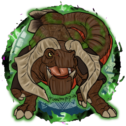 A virtual tabletop token depicting a Duramboros from Monster Hunter. It's shown mostly facing the viewer, large club-tail whipping around behind it as it readies for a charge.