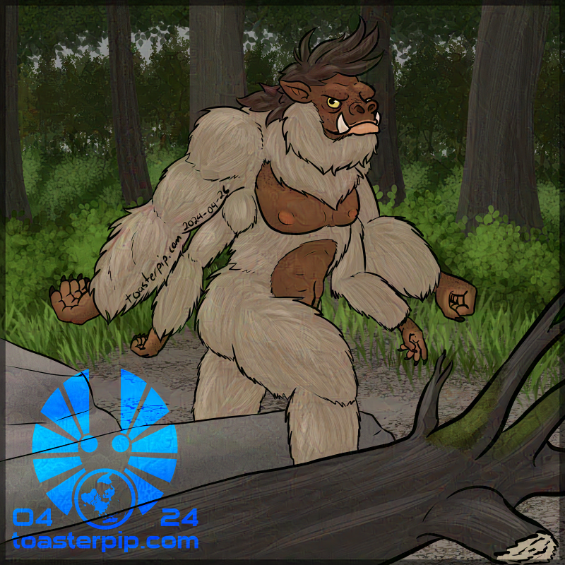 A depiction of a D&D girallon, a four-armed ape, styled to look like a classic photograph of Bigfoot. It has pale fur, and regards the viewer with a cheeky grin.