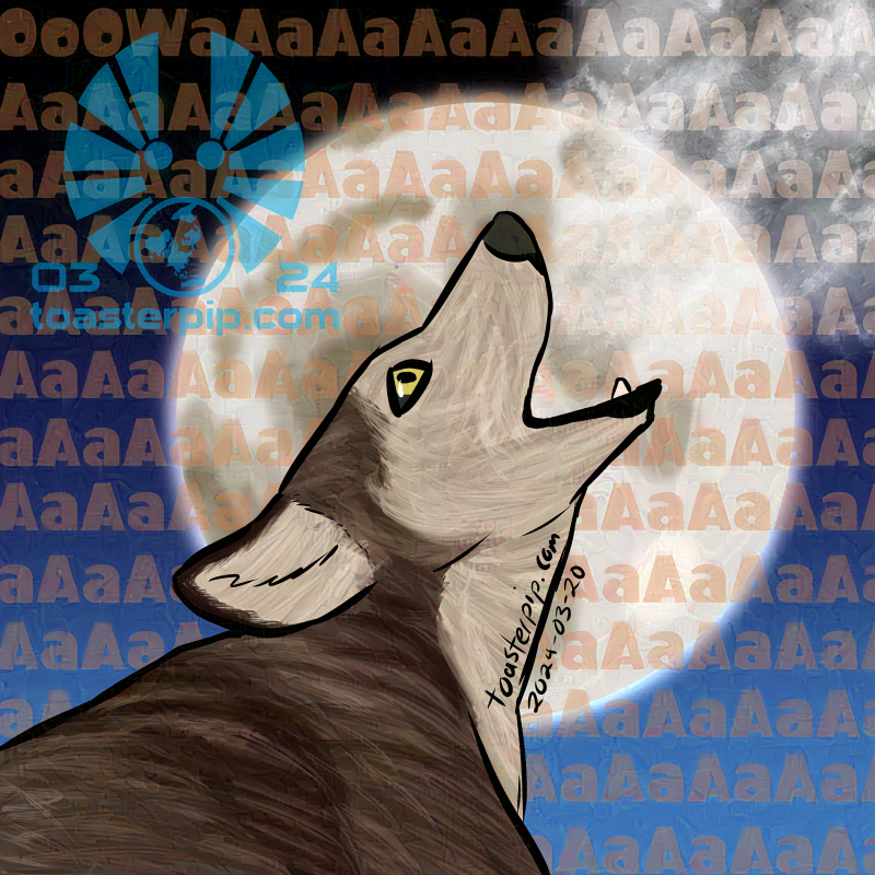 A drawing of a D&D Winter Wolf, styled to look like a husky yelling at the moon. Plumes of frigid, frosty air billow from its screaming maw, as an onomatopeia of a husky yell is faintly overlaid on the background of the moon.