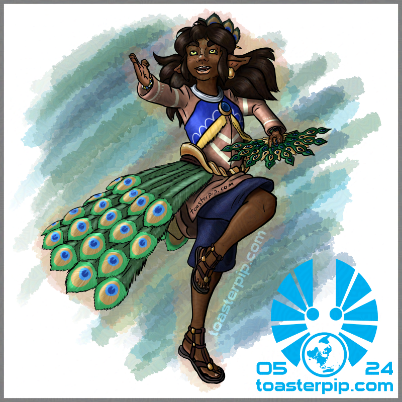 A portrait of the changeling druid, Kopio. Their pose suggests that they are dancing, with one arm held out toward the viewer with hand held flat, the other raised and curled behind them, holding an ornate peacock-tail bladed fan with blue gemstones set for eyespots. They are mid-way through a high-step, the close leg raised and bent at the knee. Their outfit consists of a pink coat with white markings, with a silver collar holding up a blue draped 'tube top' style element with golden-yellow tassels and a blue gem set in a gold rim. They also wear dark blue shorts and leather strapped sandals, as well as a golden bustle belt that trails numerous peacock feathers, evoking the draped tail of the bird. Kopio's dark hair is flowing as if bouncing with their step, and a peacock-feather hairpin peeks from behind their head. The background is a watercolour wash of greens and blues, with a yellow-orange aura around Kopio.