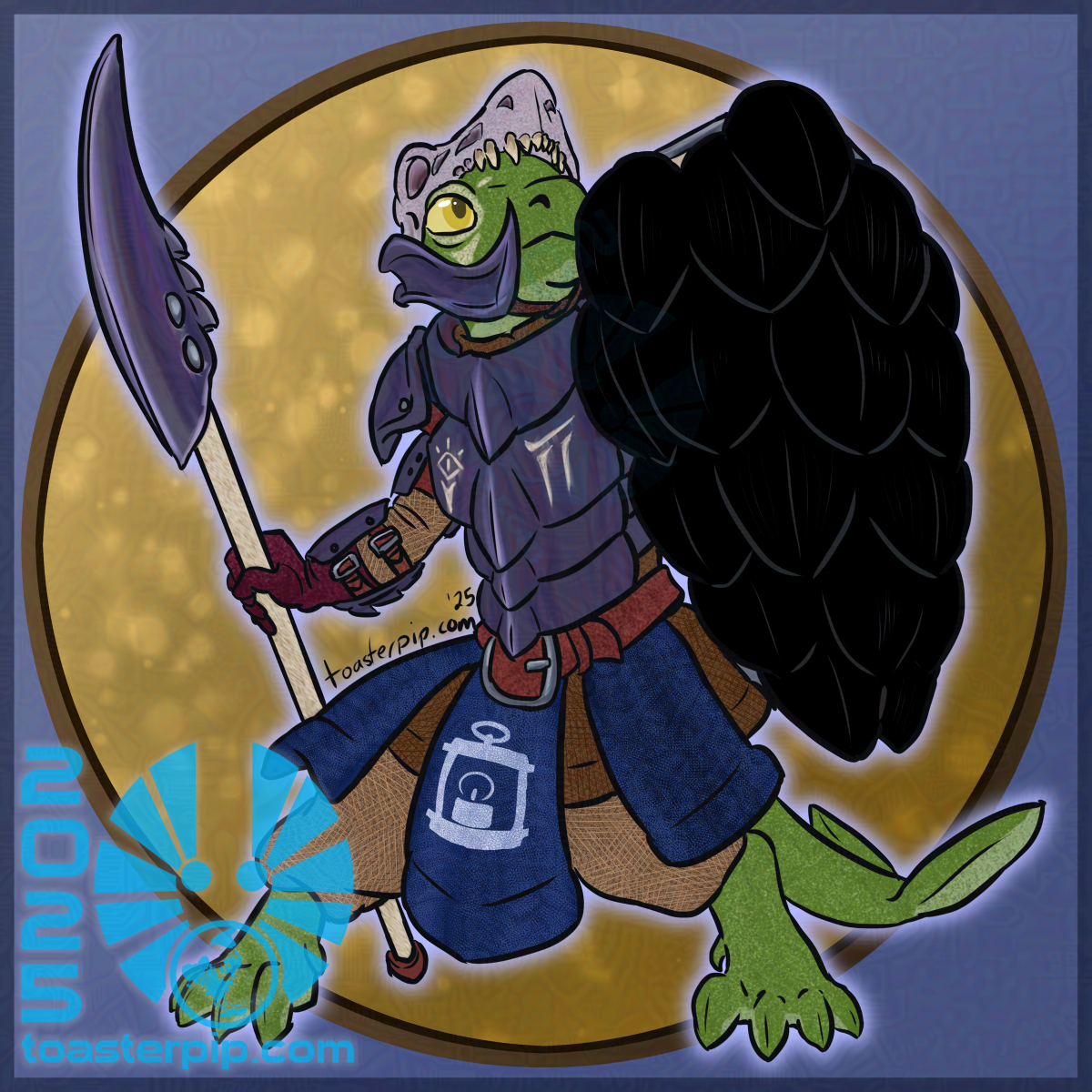 A full-body portrait of a green turtle-like kobold with a fish tail, holding a black shield and a spear made from a large creature's claw. His armour iis purple chitin and matches the spear head. The helmet is made from a creature's skull. He looks up at someone offscreen, determined as he guards against a hit.