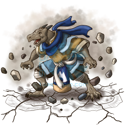 A drawing of a kobold, Virik Quartz-Eye. He is standing in a ready stance, with his feet firmly planted despite the earth cracking around him. Stones and dust float around him, and he smiles at someone off-screen as he gets ready to launch an attack of earth magic.