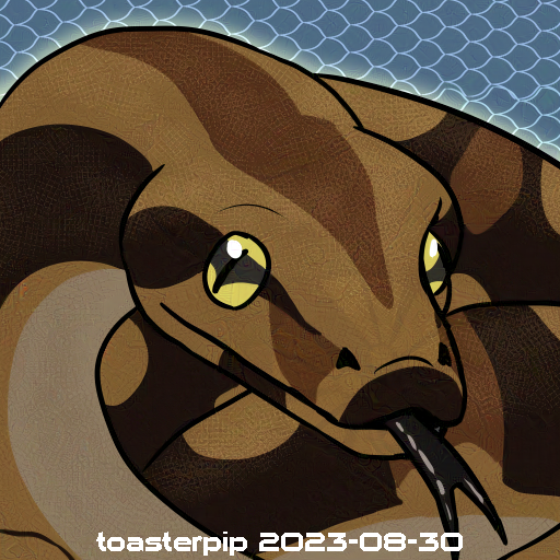 toasterpip A portrait of the Giant Constrictor form of Kopio the changeling druid. The snake looks off to the side, their forked tongue flicked out from their mouth. The snake's coils fill most of the image, with tan and dark brown patterning, and yellow eyes. The background is blue and has a scale pattern.
