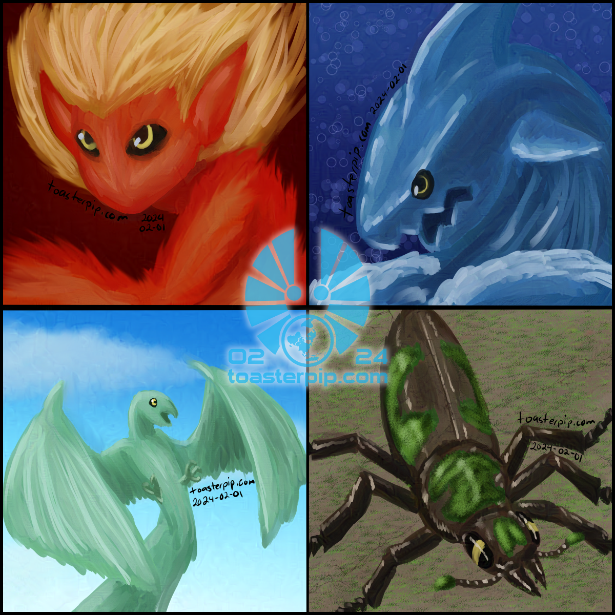 toasterpip A group of four portraits for use as virtual tabletop tokens. They depict the elemental forms of the changeling druid, Kopio. All have the same black eyes with yellow sclerae. In the top left, a vaguely humanoid fire elemental with bright yellow hair flowing back around long pointed ears; their body is a darker red fire. They are posed to look over their shoulder towards the viewer, the close arm partly raised. In the top right, a water elemental that looks much like a shark leaping up from the surface and curling forward to dive back down. The bottom left depicts an air elemental made of green energy and shaped like a mix between a wyvern and a parrot-like bird, set against a sky with clouds. The bottom right depicts an earth elemental in the shape of a large burying beetle, its body mostly dark brown, but with markings made out of green moss.