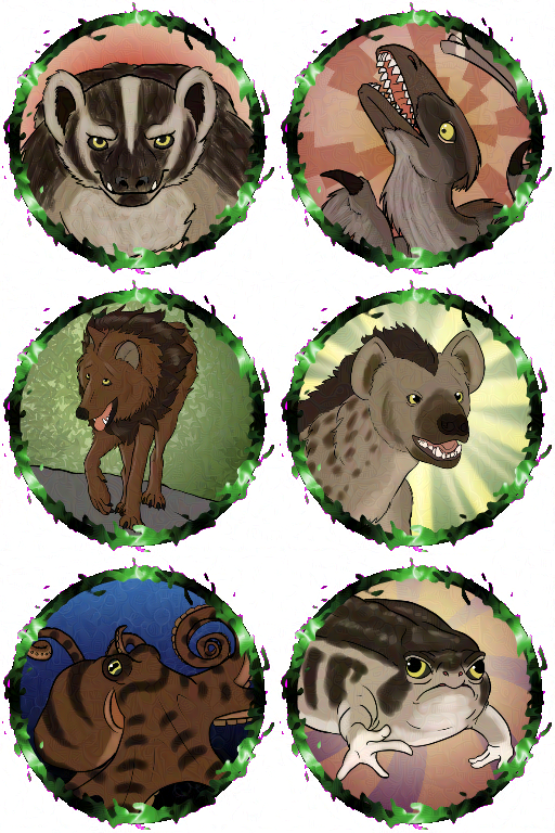 toasterpip A group of character tokens for Kopio the changeling druid. Six tokens depict a badger, a deinonychus, a dire wolf, a hyena, an octopus, and a giant round toad.