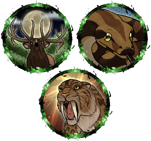 toasterpip Three TTRPG tokens of Kopio the druid's animal forms. This group features the Giant Elk, Giant Constrictor Snake, and Saber-Tooth Cat. Each token has a border styled to look like twisting vegetation.