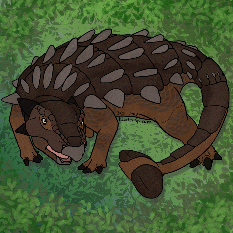 A drawing of an ankylosaurus, coloured in shades of brown with yellow eyes. It's standing in a defensive stance, whipping its club tail in front of it as if to ward off an attacker.