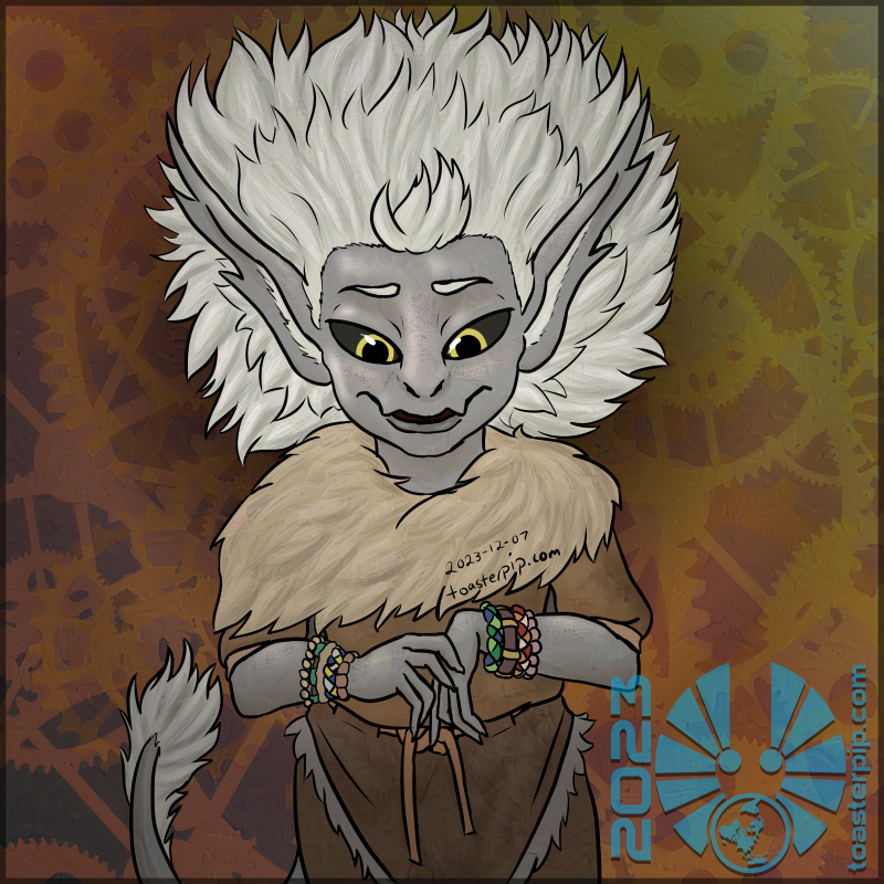A thighs-up portrait of the changeling druid, Kopio, in their 'true' form. They have pale grey skin and white, blown-back hair that frames their head somewhat like a halo. Long, feathered ears rise to either side of their head, and their yellow eyes with black sclerae are large and ovoid, giving them an alien appearance. They have a flat, broad nose, and a slightly-too-wide mouth with jagged lips that emulate fangs. They have a tufted tail that swings behind them and curls up to the left of the image. Their hide-and-fur clothing and colourful bracelets are unchanged from their usual form, however. Their expression and pose shows how uncomfortable this form makes them feel, looking down and wringing their long-fingered hands. The background features silhouettes of clockwork gears.