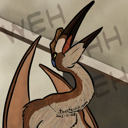 A portrait of a wild shape form for Kopio, the changeling druid. It features a quetzalcoatlus with brown and tan feathers, shown from a low angle. Its head is reared back and its beak is open as if laughing. The background emulates the background of a notable meme with a parrot that appears to laugh, then turns quickly to look seriously at the camera.
