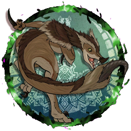 A virtual tabletop token of a Great Izuchi from Monster Hunter, coloured in a brown-and-tan colour scheme. It is spinning on one toe, facing away from the viewer so its blade-hooked tail is whipped toward the viewer.