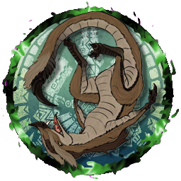 A virtual tabletop token depicting an izuchi from Monster Hunter, coloured in a brown-and-tan colour scheme. It's shown in the midst of doing a flip, upside down to present its hooked tail forward.