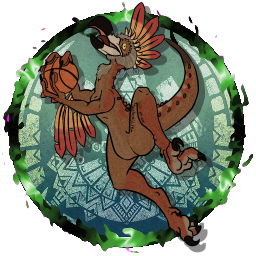 A virtual tabletop token depicting a Kulu Ya-Ku from Monster Hunter in a colour scheme of tan, brown, and yellow-orange. It's shown mid-leap, clutching a basketball in its talons, as if it's about to slam dunk.