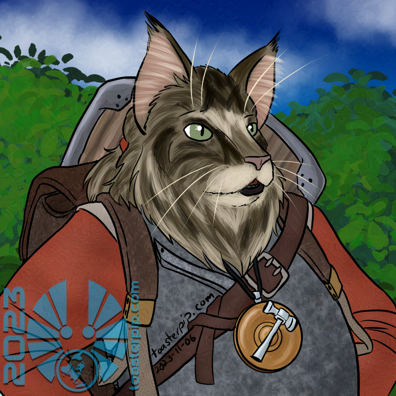 A portrait of Nyktam Rossan, a catfolk Champion for Pathfinder Second Edition. Nyktam looks much like a maine coon cat, with his fluffy mane settled over his armour like a big dwarven beard. He is presented in three-quarters profile facing right, looking off in that direction. He wears a steel breastplate over a gambeson with red sleeves. A holy symbol depicting a warhammer atop a golden shield hangs around his neck, and a backpack and shield are slung over his shoulders.</body></html>
