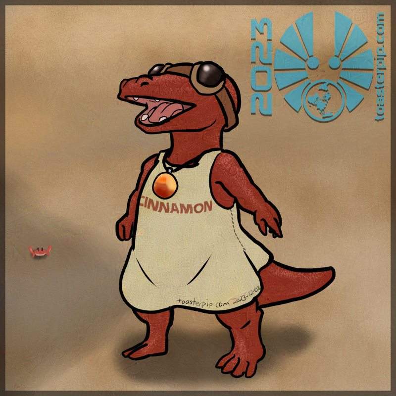 A drawing of a very tiny red kobold named Cinnabar, clearly a child. They have stubby little arms and legs, and overall resemble a gecko. They wear a dress that appears to have been made out of a linen sack of cinnamon, given that the word "cinnamon" is printed across their chest. A pair of smoked-glass goggles cover their eyes, and a melo melo pearl hangs from a necklace around their neck. They stand on a sandy beach, with a very tiny crab in the background. Their mouth is open in a wide, mostly-toothless smile.