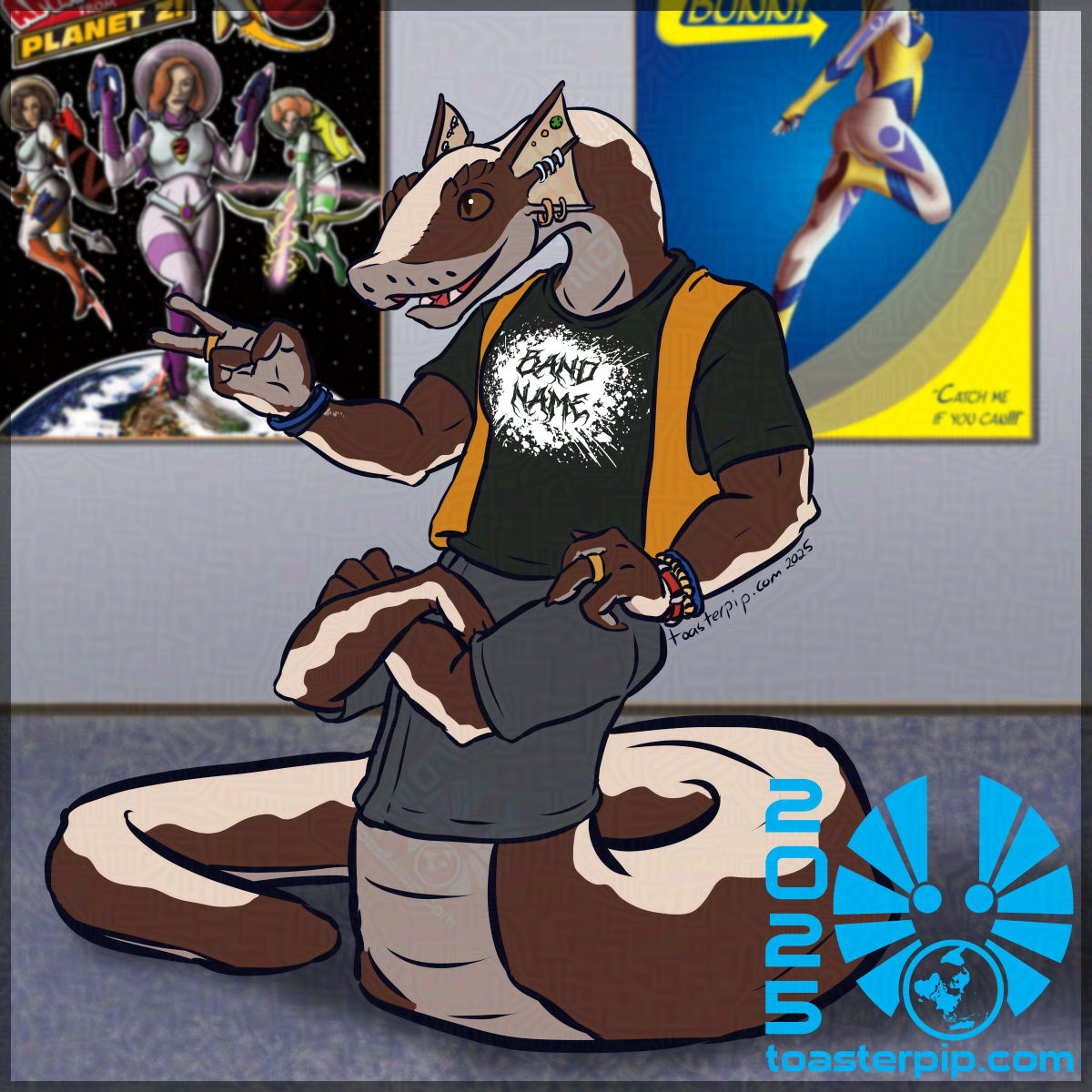 A portrait of a four-armed snakelike naga person named Akii. He is smiling at someone offscreen and giving a lazy peace sign with his right upper hand, the rest of his stance is relaxed with his lower arms crossed in front of him and his tail loosely curled. His scales are predominantly brown, with a cream white stripe along the top and a light tan underbelly. He is wearing a t-shirt with a splatter and "Band Name" in a jagged font printed on it, under a yellow vest.</body></html>