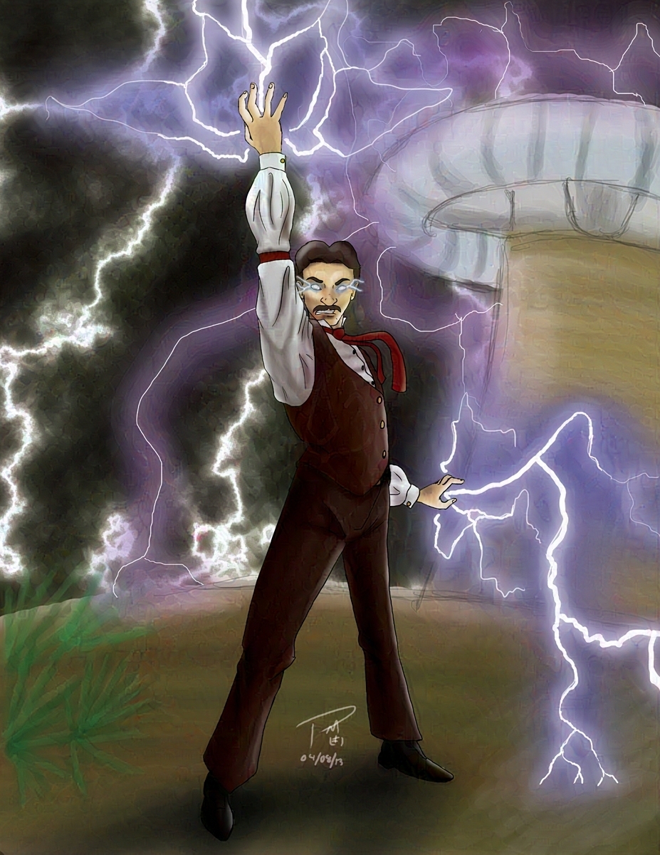 A poster depicting a fantastical version of Nikola Tesla. He is wearing a loose-sleeved white shirt, a brown wool vest, brown trousers, and a bright red necktie. He stands with feet apart, one arm raised with hand outstretched and the other held down and to the side. His eyes crackle with electricity, as lightning bolts spring from both hands. The background depicts an enormous Tesla coil with arcs of lightning from both it and across the sky.