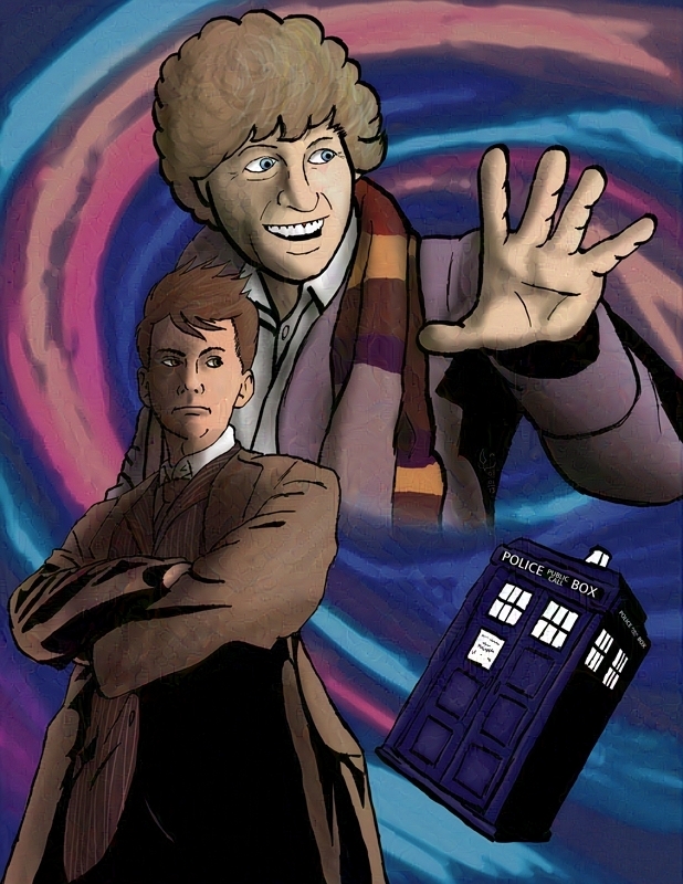 An image depicting two of the Doctors of Doctor Who. Specifically, the Fourth Doctor and the Tenth. The image shows the Fourth Doctor from the chest up, holding his hand out and grinning manically. He wears his signature striped scarf. The Tenth Doctor is depicted with his arms folded, from the thighs up. He wears his signature pinstripe suit under trenchcoat. The TARDIS is shown in the bottom right corner, and the background is a rough painting styled to emulate depictions of the Time Vortex from the show.