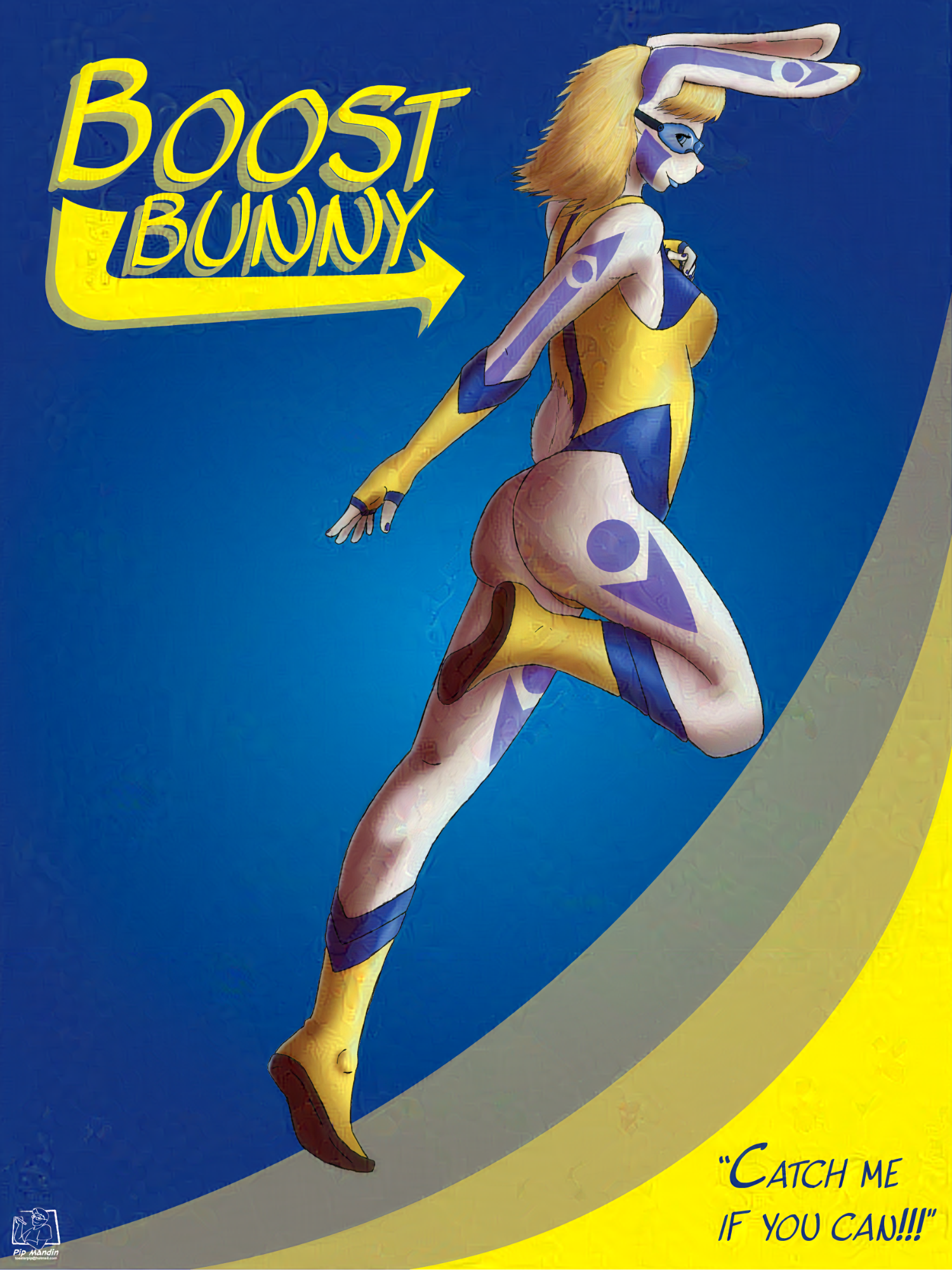 A pinup-style poster featuring a superhero character named "Boost Bunny". She is a snowshoe hare anthro woman with a slender, athletic figure. She is posed with one leg drawn up and one arm back, as though leaping or taking an exaggerated running stride. She looks over her shoulder at the viewer with a coy smile. Her costume is a yellow and blue leotard, gloves, and boots, and blue tinted goggles. The poster is captioned with her name underlined by a swooshing arrow, and the phrase "Catch Me If You Can!"