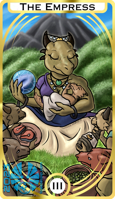 An image of a dragonborn, Grandmother Val, and five kobolds. Val is depicted as The Empress of the Tarot Major Arcana. Val is wearing a purple and blue dress with pale yellow skirts, along with several strings of medallions and a pair of obsidian bangles. She cradles one of the kobolds, a baby, to her breast, swaddled in a blanket. Her other hand holds an orb filled with a hurricane storm and lightning. The other four kobolds are presenting the bounty of their island - fish steaks, wine, a basket of plums, and a vase full of olives. Behind the group are shown forests and the volcano mountain of Val's island.