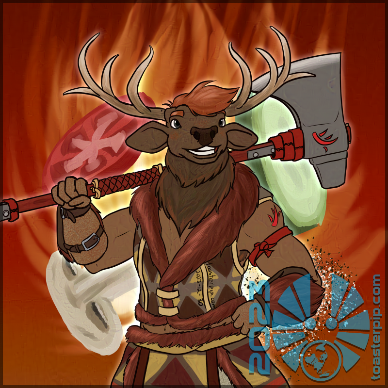 A waist-up portrait of an elk-man barbarian named Jonne. He smiles charmingly at the camera as he hefts his greataxe, Trailmaker, over one shoulder and puts his other fist on his hip. He wears a leather vest and skirts trimmed with red fur, and painted with red and yellow triangles. The background features a slice of tomato, a slice of cucumber, a mushroom slice, and a sprinkling of salt and pepper in front of a burst of fire.