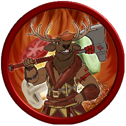 A waist-up portrait of an elk-man barbarian named Jonne. He smiles charmingly at the camera as he hefts his greataxe, Trailmaker, over one shoulder and puts his other fist on his hip. He wears a leather vest and skirts trimmed with red fur, and painted with red and yellow triangles. The background features a slice of tomato, a slice of cucumber, a mushroom slice, and a sprinkling of salt and pepper in front of a burst of fire. This is a smaller token version, with a metallic red border.